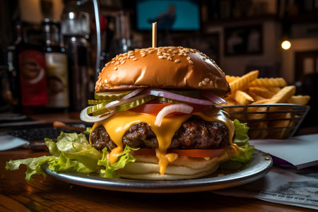 Cheese burger - American cheese burger with Golden French fries and fresh saladの素材