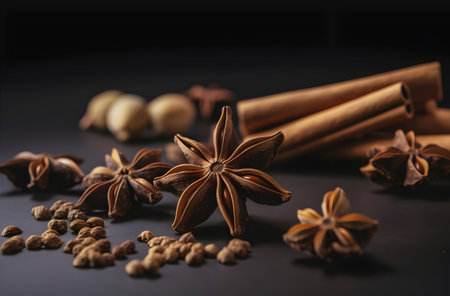 Star anise, cinnamon sticks and cloves on a black background.の素材