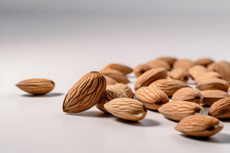Almond nuts on white background. Healthy food concept. Close up.の素材