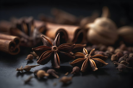 Star anise, cinnamon and cloves on black background. Selective focus.の素材