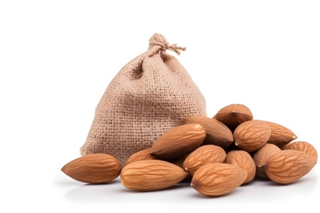Almond nuts in sack bag isolated on white background. Healthy food.の素材