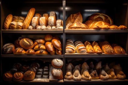 Different types of bread on the shelves in the bakery. Bakery shopの素材