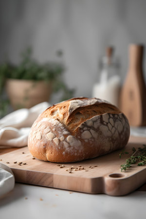 Freshly baked bread on wooden board, closeup. Food backgroundの素材