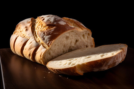 loaf of bread on a wooden board on a black background.の素材