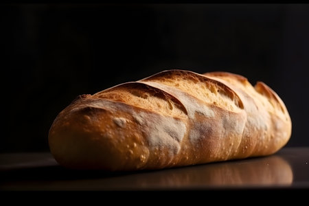 Freshly baked baguette on a black background. Close-up.の素材