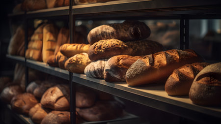Variety of bread in bakery shop. Bakery background. Toned.の素材