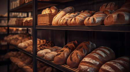 Bread in a bakery shop. Bakery products on shelves.の素材