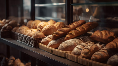 Bread on display in a bakery shop. Freshly baked bread in a bakery.の素材