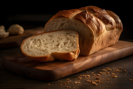 Freshly baked loaf of bread on a cutting board. Dark background.の素材