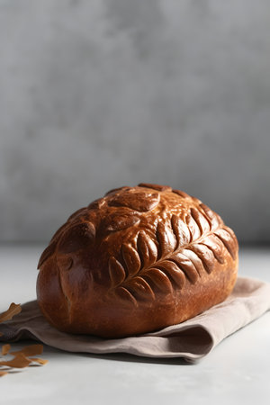 Freshly baked loaf of bread on a light background. Copy space.の素材
