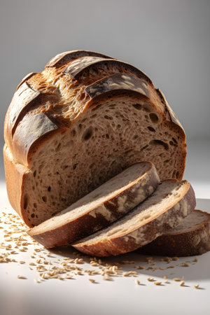 loaf of bread with sesame seeds on a white background.の素材