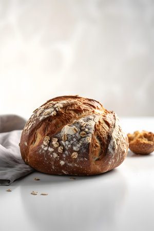 Freshly baked bread on white table, closeup. Healthy foodの素材