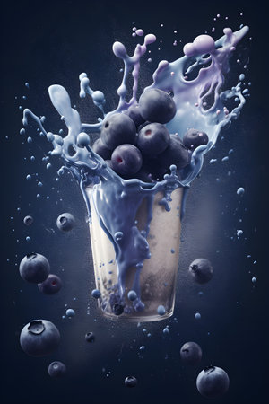 Blueberry fruit splashing into a glass of milk. 3d renderingの素材