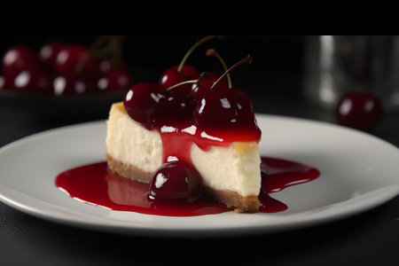 cheesecake with cherry sauce on a white plate on a black backgroundの素材