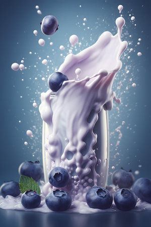 Milk splash with blueberries on blue background. 3d renderingの素材