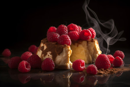 Cheesecake with raspberries on a black background with smokeの素材