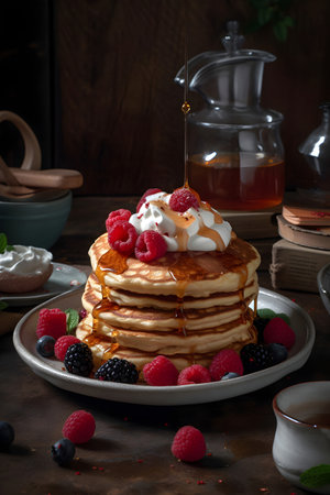 Pancakes with fresh berries and whipped cream. Selective focusの素材