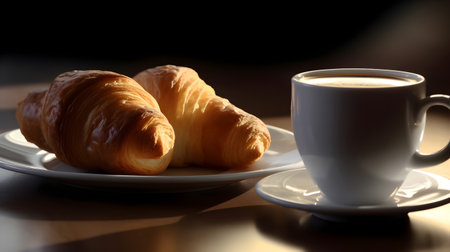 Coffee and croissants on the table in the morningの素材
