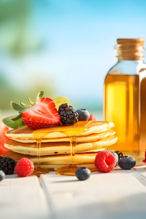 Pancakes with fresh berries and honey on wooden table, closeupの素材