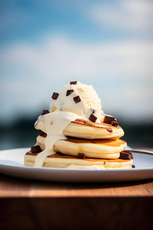 Pancakes with vanilla ice cream and chocolate on wooden table.の素材