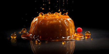 Caramel pudding with raspberry on black background. 3d illustration.の素材