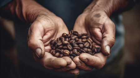 coffee beans in the hands of a man, close-upの素材