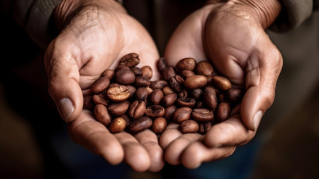 Coffee beans in the hands of a man, close-upの素材