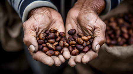 Closeup of hands of old woman holding a handful of coffee beansの素材