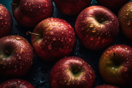 Fresh red apples with water drops on a dark background. Top view.の素材