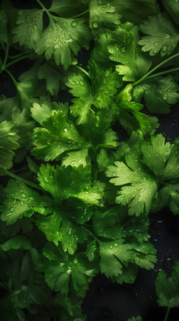 Fresh parsley leaves with water drops on dark background, closeupの素材