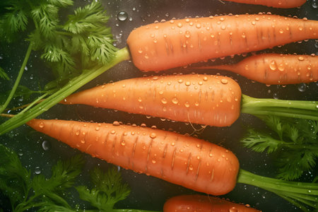 Fresh carrots with green leaves and water drops on a black background.の素材