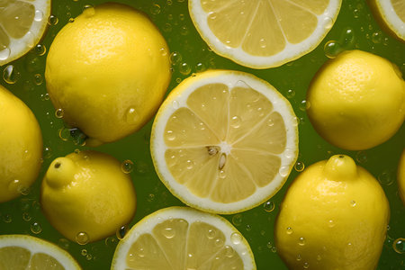 Lemons in water with bubbles on green background. Top view.の素材