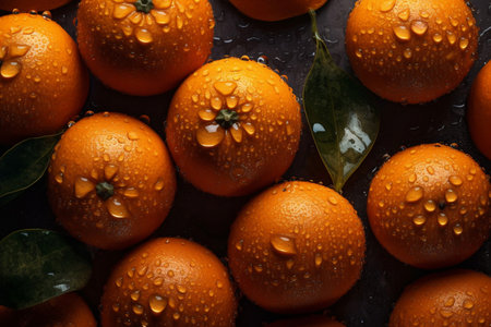 Tangerines with drops of water on dark background, top viewの素材