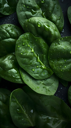 Fresh green spinach leaves with water drops on black background, top viewの素材