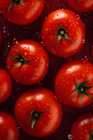 Red tomatoes with drops of water on a dark background, top viewの素材