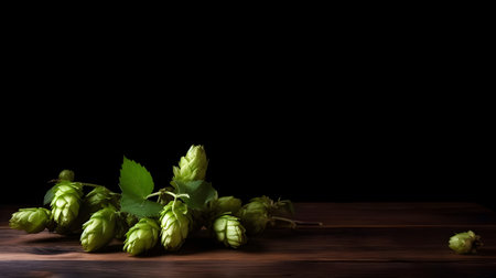 Green hop cones on a wooden table against black background. Beer conceptの素材