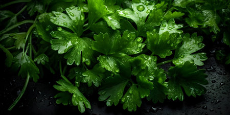Fresh parsley leaves with water drops on black background, closeupの素材