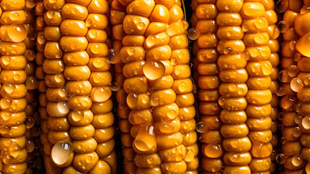 Close up of yellow corn cob with water droplets on it.の素材