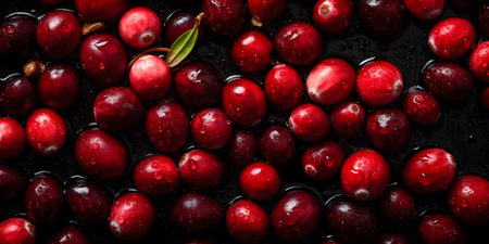 Cranberry background. Top view of fresh cranberries with water drops.の素材