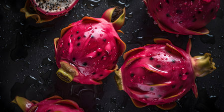 Dragon fruit on a black background, top view, close-upの素材