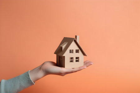 Woman's hand holding a model of a house on an orange backgroundの素材