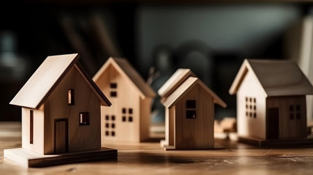 Wooden toy houses on the table. The concept of buying and selling real estate.の素材