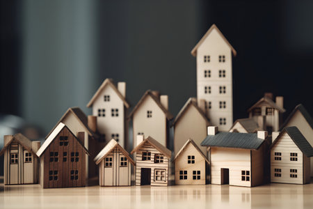 Real estate concept. Miniature wooden houses on table. 3D Renderingの素材