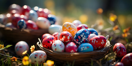 Colorful Easter eggs in basket on grass. Happy Easter!の素材