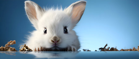 Cute white rabbit on blue background, 3d render illustration.の素材