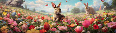 Digital composite of Easter bunny in meadow with flowers and easter eggsの素材