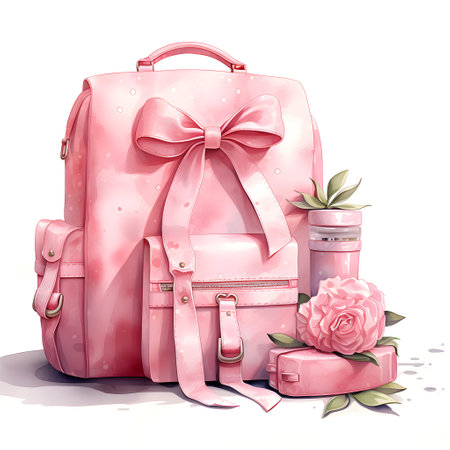 Pink female backpack with a bow and a rose on a white backgroundの素材