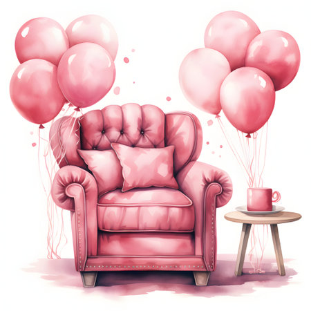 Pink armchair with pink balloons and coffee cup. Vector illustration.の素材