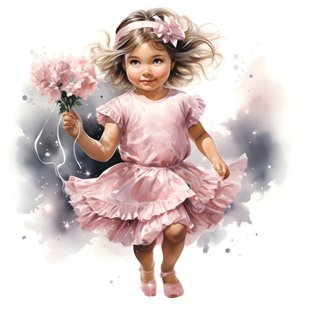 Cute little girl in a pink dress with a bouquet of flowersの素材