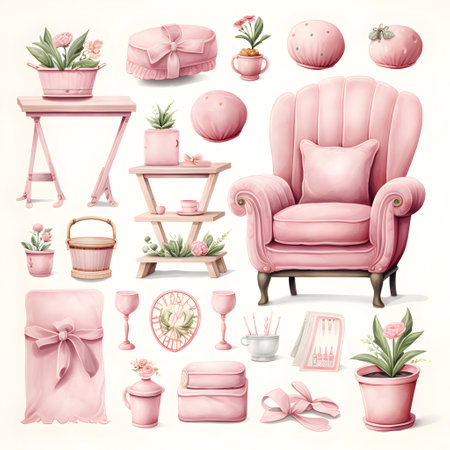 Set of pink armchair with flowers, table and chair. Vector illustrationの素材